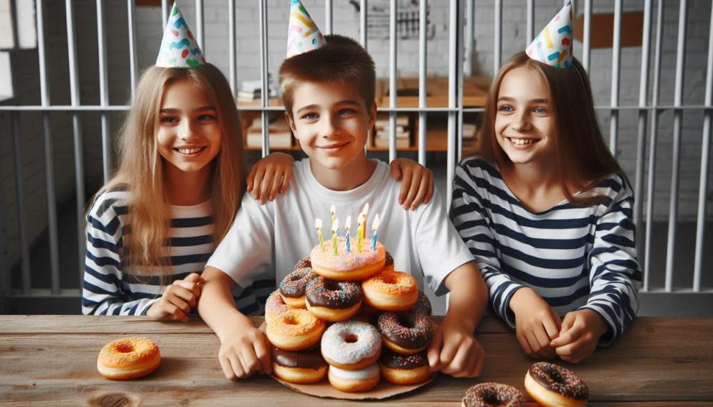 Des jeunes souriants avec des chapeaux de fête, posant joyeusement derrière une tour de donuts avec des bougies allumées, dans un décor évoquant des barreaux de prison.