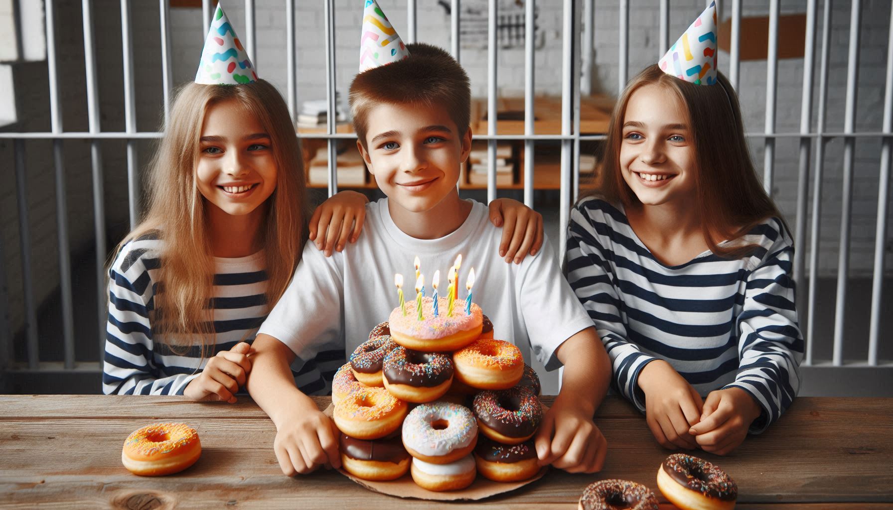 Des jeunes souriants avec des chapeaux de fête, posant joyeusement derrière une tour de donuts avec des bougies allumées, dans un décor évoquant des barreaux de prison.